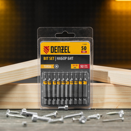 Бита DENZEL TX 6х50, сталь S2, шестигранный профиль, 10 шт. Е 6,3