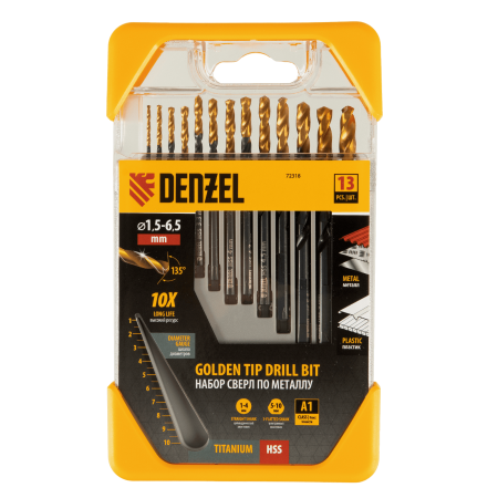 Набор сверл по металлу DENZEL 1,5-6,5 мм, HSS-Tin, Golden Tip, 13 шт