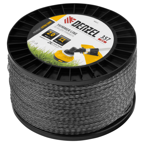 Леска для триммера DENZEL двухкомпонентная витой квадрат, 2,0мм х 357м, на DIN катушке EXTRA CORD