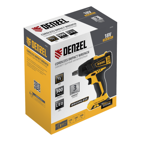 Гайковерт ударный аккумуляторный бесщеточный DENZEL CIW-IB-300-0, Li-ion, 18В, 300Нм