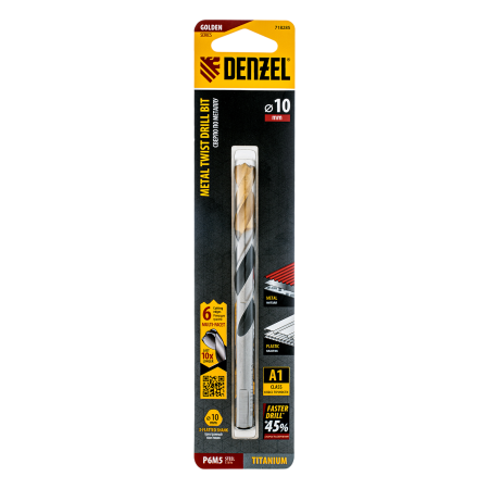 Сверло спиральное по металлу DENZEL 10 x 133 мм, Р6М5, Golden Tip, многогранная заточка