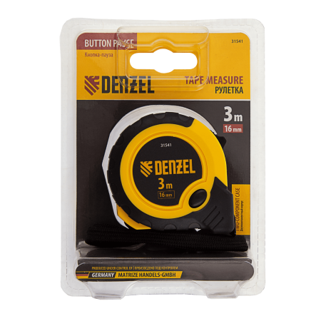 Рулетка DENZEL 3м х 16мм, двухкомп. корпус, кнопка-пауза