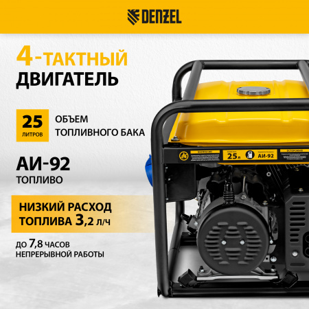 Генератор бензиновый DENZEL GE 8900, 8.5 кВт, 220 В/50 Гц, 25 л, ручной старт