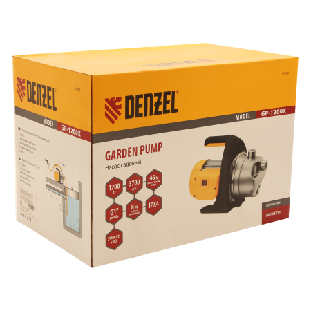 Насос садовый поверхностный DENZEL GP1200Х, 1200 Вт, 3700 л/ч, высота подъема 46 м