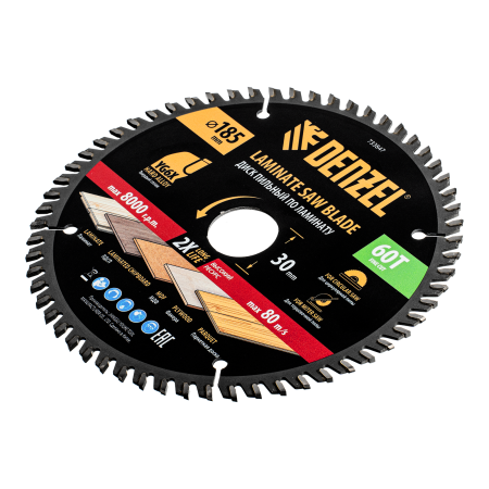 Пильный диск по ламинату DENZEL ф185 х 30 мм, 60 зубьев