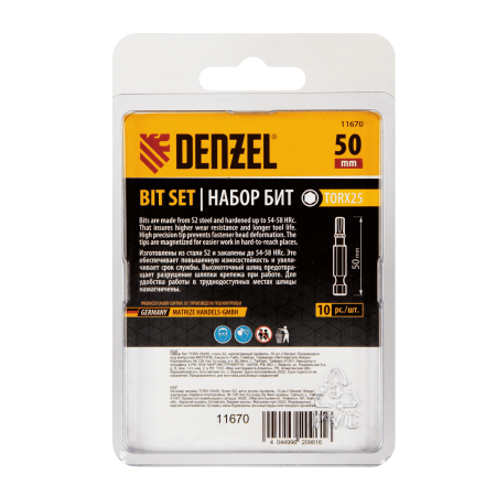 Бита DENZEL TX 25х50, сталь S2, шестигранный профиль, 10 шт. Е 6,3