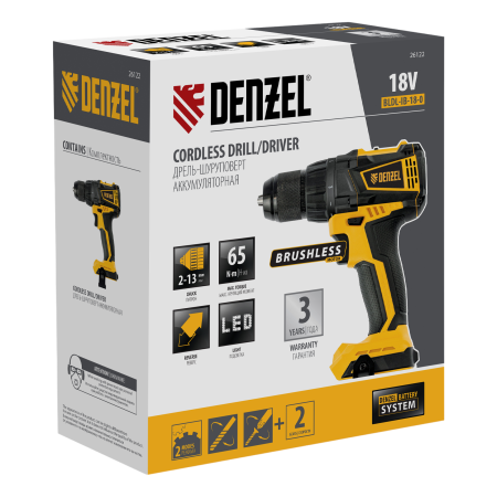 Дрель-шуруповерт аккумуляторная, бесщет. DENZEL BLDL-IB-18-0, Li-Ion, 18 В