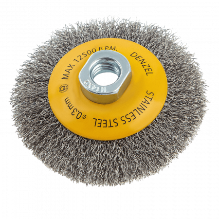 Щетка для УШМ DENZEL 746083, 100 мм, «тарелка», витая нержавеющая проволока 0.3 мм, М14