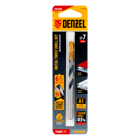 Сверло спиральное по металлу DENZEL 7,0 x 109 мм, Р6М5, Golden Tip, многогранная заточка