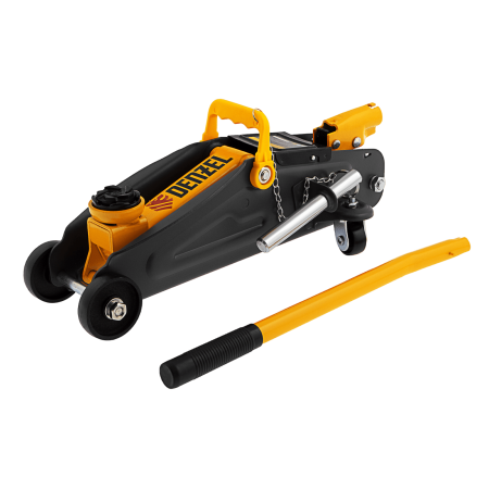 Домкрат гидравлический DENZEL подкатной с фиксатором, 2 т, 130-330 мм, в кейсе