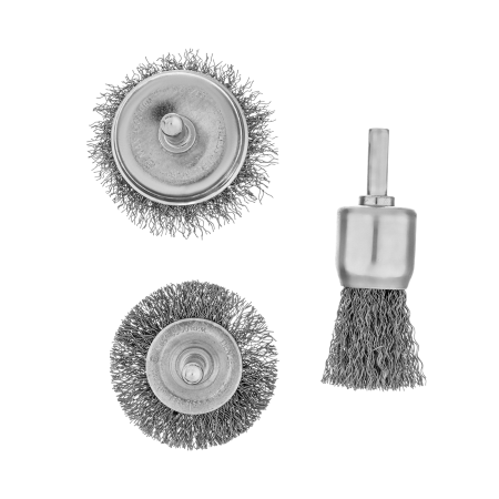 Набор щеток для дрели DENZEL, 1 Плоская 50мм, 2 Чашки 25-50мм, шпилька, нерж. вит. проволока