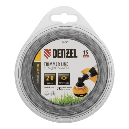 Леска для триммера DENZEL 96247 двухкомпонентная эллипс, 2,0мм х 15м, блистер EXTRA CORD