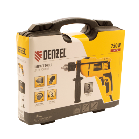 Ударная дрель DENZEL ID-750, 750 Вт, 0-3000 об/мин, 48000 уд/мин
