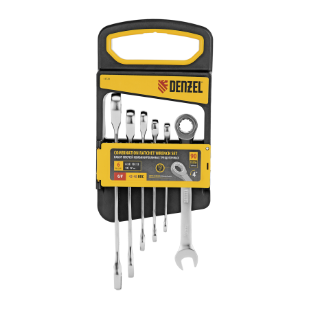 Набор ключей комбинированных трещоточных DENZEL 6-17 мм, 6 шт., CrV, матовый хром