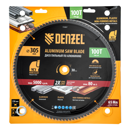 Пильный диск по алюминию DENZEL ф305 х 30 мм, 100 зубьев