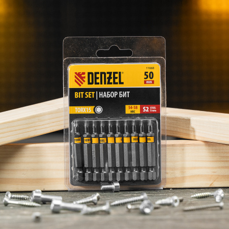 Бита DENZEL TX 15х50, сталь S2, шестигранный профиль, 10 шт. Е 6,3
