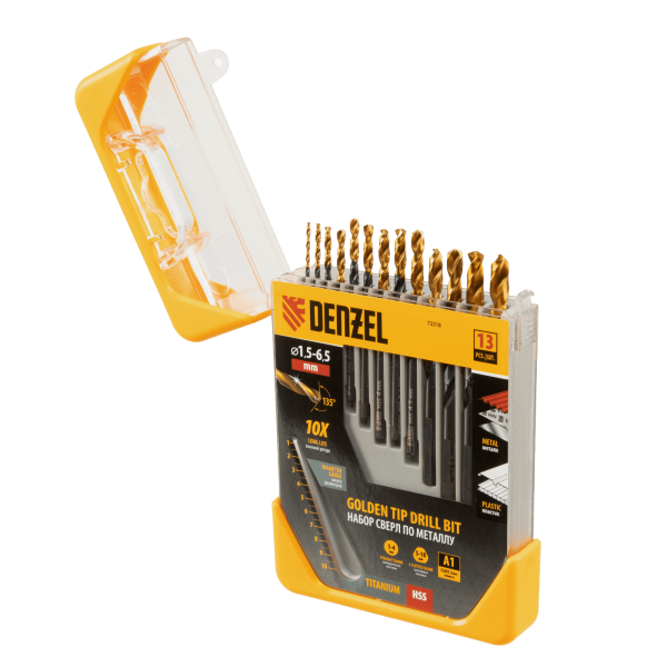 Набор сверл по металлу DENZEL 1,5-6,5 мм, HSS-Tin, Golden Tip, 13 шт