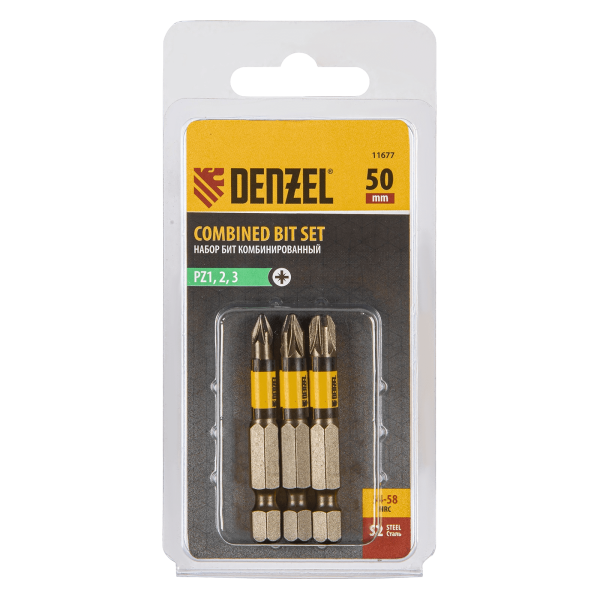 Набор бит комбинированный DENZEL 3 шт., PZ1, PZ2, PZ3, 50 мм, сталь S2