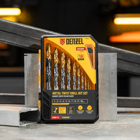 Набор сверл по металлу DENZEL, 1-10 мм, Р6М5-TiN, Golden Tip, 10 шт