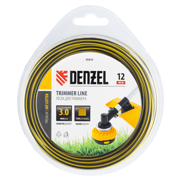 Леска для триммера DENZEL двухкомпонентная квадратная, 3,0мм х 12м, блистер SkyCutter