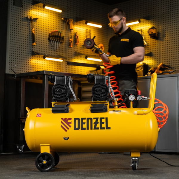 Компрессор безмасл. малошумный DENZEL DLP-3000/100, 3 кВт, 2х1,5 кВт,100 л, 2850 об/мин,500 л/мин