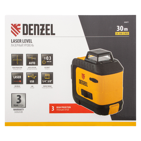 Лазерный уровень DENZEL LX 360-3 Red, 30 м, 635 нм, Li 2800 мАч, 5/8 дюйм