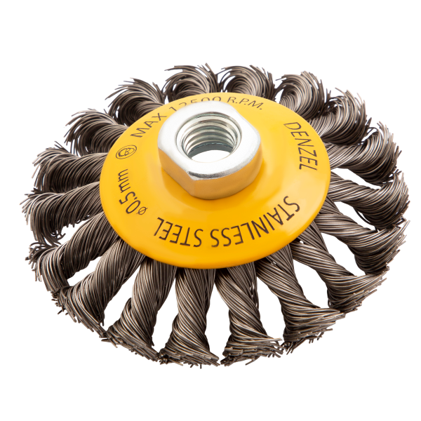 Щетка для УШМ DENZEL 746093, 100 мм, «тарелка», крученая нержавеющая проволока 0.5 мм, М14