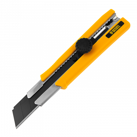 Нож DENZEL 25 мм, сменное лезвие, SK4, корпус из TPR, метал. направляющая, винтовой фиксатор Нож DENZEL 25 мм, сменное лезвие, SK4, корпус из TPR, метал. направляющая, винтовой фиксатор