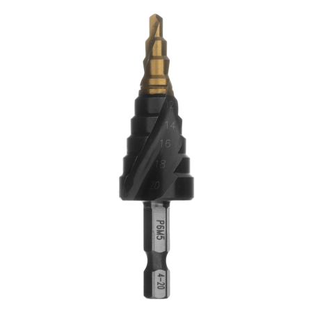 Сверло ступенчатое DENZEL 4-6-8-10-12-14-16-18-20 мм, Р6М5, 6-гр. хвостовик