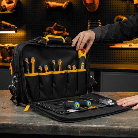 Сумка для инструмента DENZEL 400х170х300 мм, 3 отделения, 28 карманов, наплечный ремень