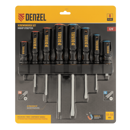 Набор отверток DENZEL 8 пр., CrV, трехкомпонентная рукоятка