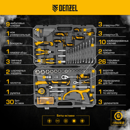 Набор инструментов DENZEL 1/2", 1/4", CrV, S2, пластиковый кейс, 100 предметов