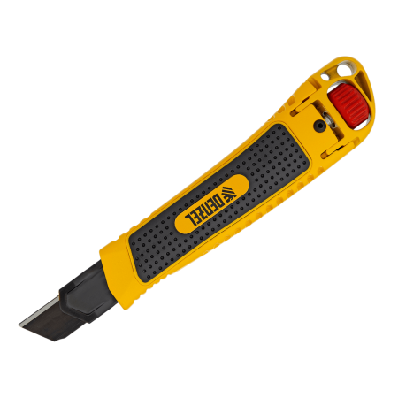 Нож DENZEL 18 мм, сменное лезвие, SK4, корпус из цинкового сплава + TPR, торцевой зажим