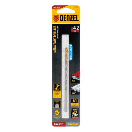 Сверло спиральное по металлу DENZEL 4,2 х 119 мм, Р6М5, Golden Tip, удлиненное