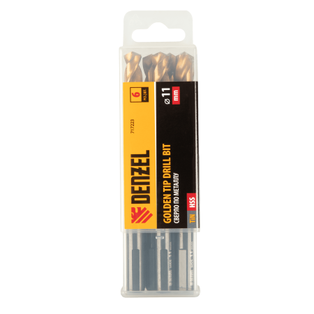 Сверло по металлу DENZEL 11 мм, HSS-Tin, Golden Tip, 6 шт.
