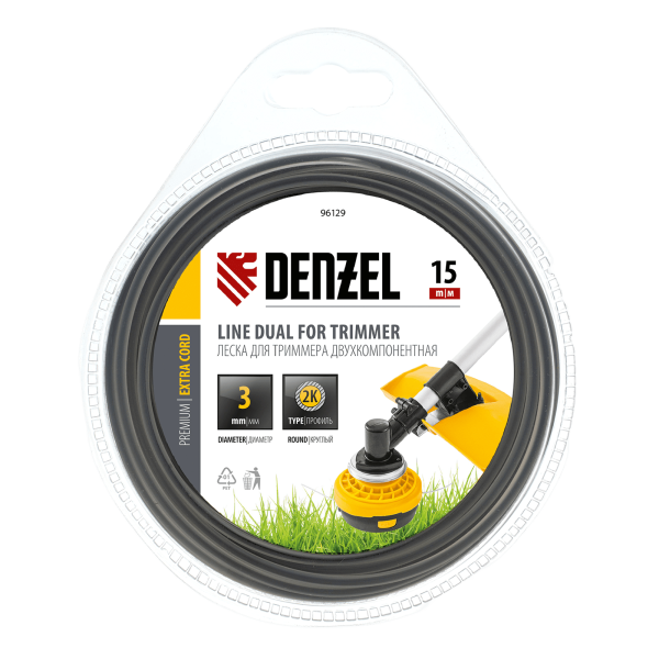 Леска для триммера DENZEL Extra cord 96129, 3 мм x 15 м, круглая, двухкомпонентная