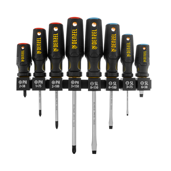 Набор отверток на полке DENZEL 8 шт., PH+SL, S2, 3к рукоятка