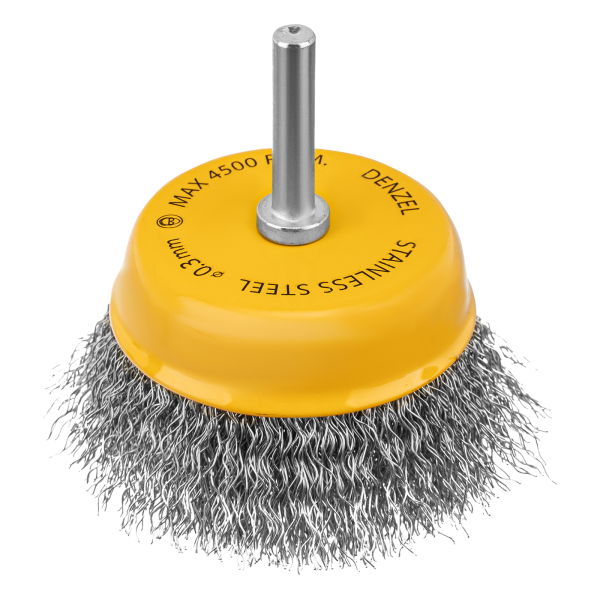 Щетка для дрели DENZEL, 75 мм, Чашка, со шпилькой, нержавеющая витая проволока
