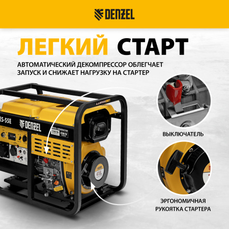 Генератор дизельный DENZEL DES-55E, 5,5 кВт, 230 В, 11 л, электростартер