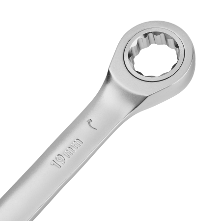 Ключ комбинированный трещоточный DENZEL, 19 мм, CrV, матовый хром