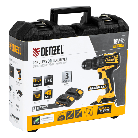 Аккумуляторная дрель-шуруповерт DENZEL BLDL-IB-18-02, 18 В, 2 x 2 Ач