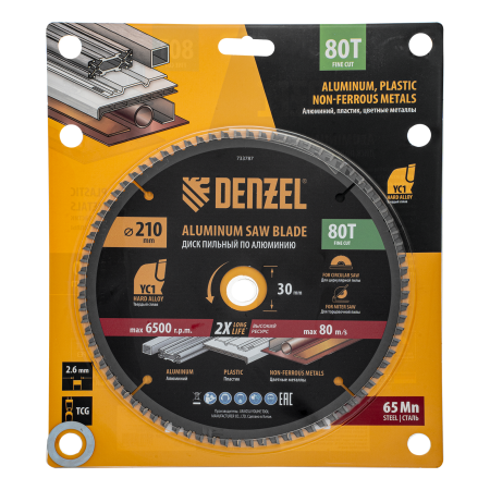 Пильный диск по алюминию DENZEL ф210 х 30 мм, 80 зубьев
