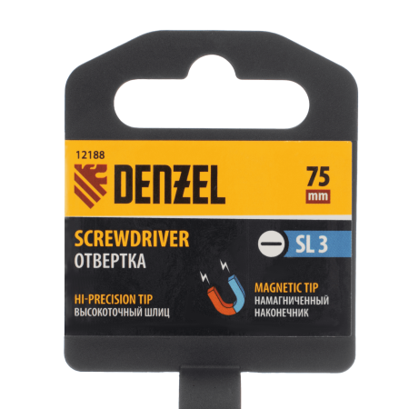 Отвертка DENZEL SL3х75 мм, CrV, трехкомпонентная рукоятка