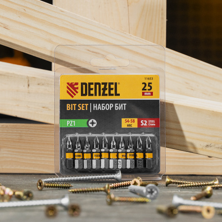 Бита DENZEL PZ1х25, сталь S2, шестигранный профиль, 10 шт. Е 6,3