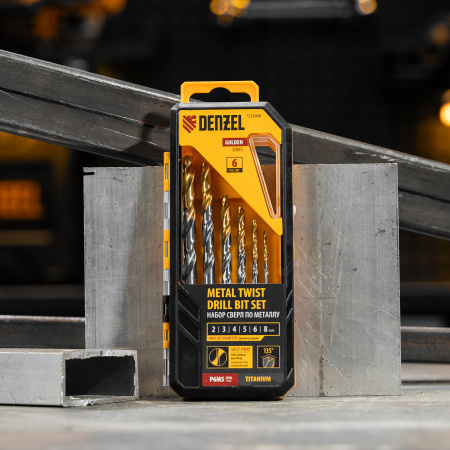 Набор сверл по металлу DENZEL, 2-8 мм, Р6М5-TiN, Golden Tip, 6 шт