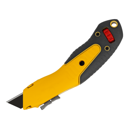 Нож DENZEL 19мм, сменное трапециевидное лезвие, SK4, алюминиевый корпус, торцевой зажим Нож DENZEL 19мм, сменное трапециевидное лезвие, SK4, алюминиевый корпус, торцевой зажим