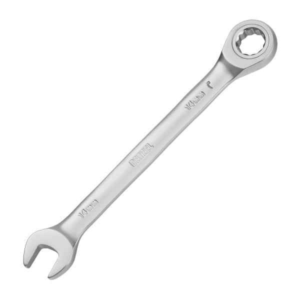 Ключ комбинированный трещоточный DENZEL, 14 мм, CrV, матовый хром