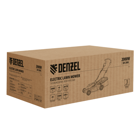 Газонокосилка электрическая DENZEL GM-2000, 2000 Вт, ширина 43 см, 6 уровней, 45 л