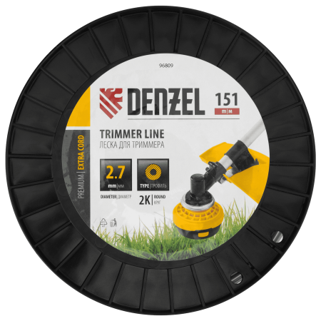 Леска для триммера DENZEL двухкомпонентная круглая, 2,7мм х 151м, на DIN катушке EXTRA CORD