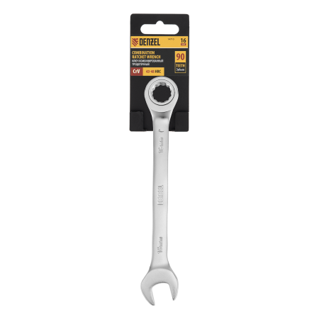 Ключ комбинированный трещоточный DENZEL, 16 мм, CrV, матовый хром